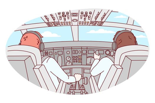 Pilots in cabin of airplane during flight. Aircraft crew in front of plant. Aviation and flying. Vector illustration.