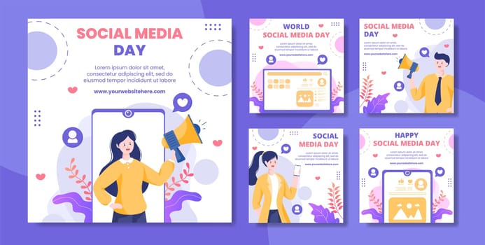 Social Media Day Post Template Flat Cartoon Background Vector Illustration