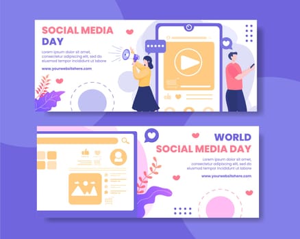 Social Media Day Horizontal Banner Template Flat Cartoon Background Vector Illustration
