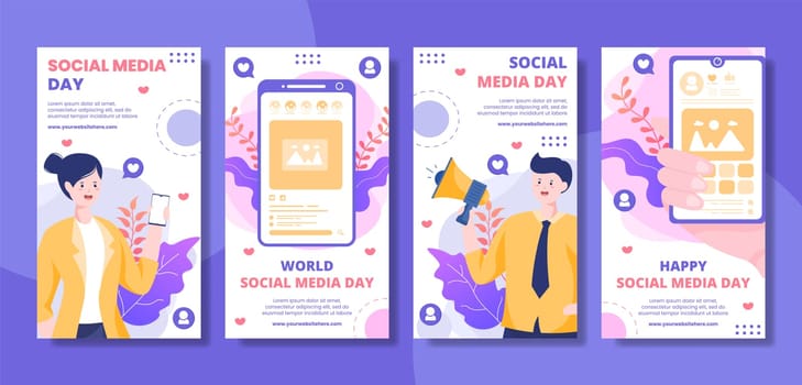 Social Media Day Stories Template Flat Cartoon Background Vector Illustration