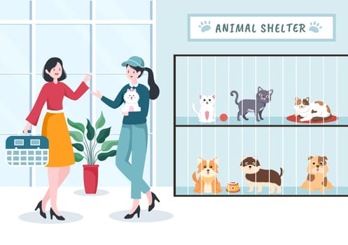 Animal Shelter Cartoon Illustration with Pets Sitting in Cages and Volunteers Feeding Animals for Adopting in Flat Hand Drawn Style Design