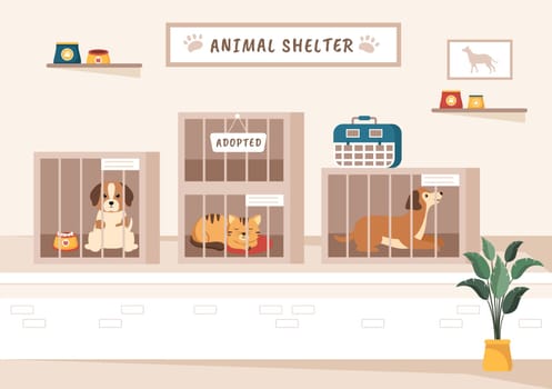 Animal Shelter Cartoon Illustration with Pets Sitting in Cages and Volunteers Feeding Animals for Adopting in Flat Hand Drawn Style Design