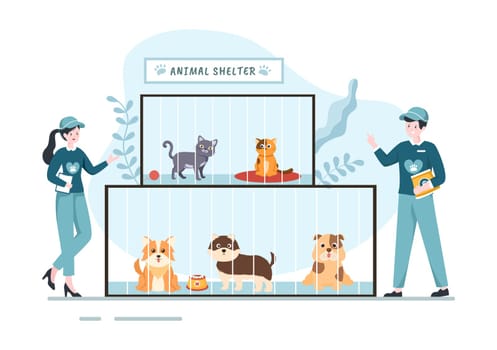 Animal Shelter Cartoon Illustration with Pets Sitting in Cages and Volunteers Feeding Animals for Adopting in Flat Hand Drawn Style Design