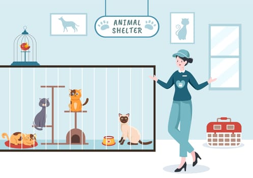Animal Shelter Cartoon Illustration with Pets Sitting in Cages and Volunteers Feeding Animals for Adopting in Flat Hand Drawn Style Design
