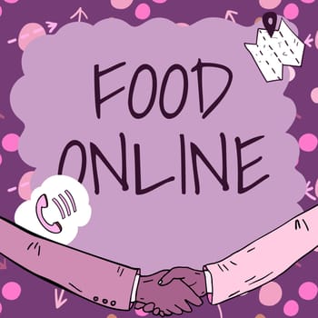 Handwriting text Food Online, Word for asking for something to eat using phone app or website Empty frame decorated with communication symbols represent business meeting