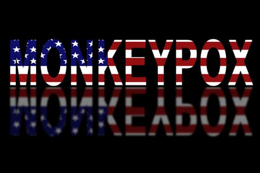 The inscription Monkeypox, on a black mirror background, painted in the colors of the national flag of the United States.