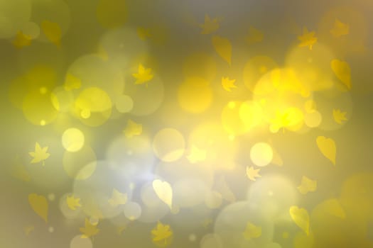 Abstract bright landscape texture with natural light green orange bokeh lights and bright yellow sunny light with leaves. Autumn or summer background with copy space.