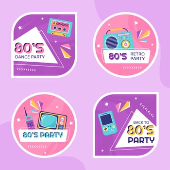 80s Party Label Template Flat Cartoon Background Vector Illustration