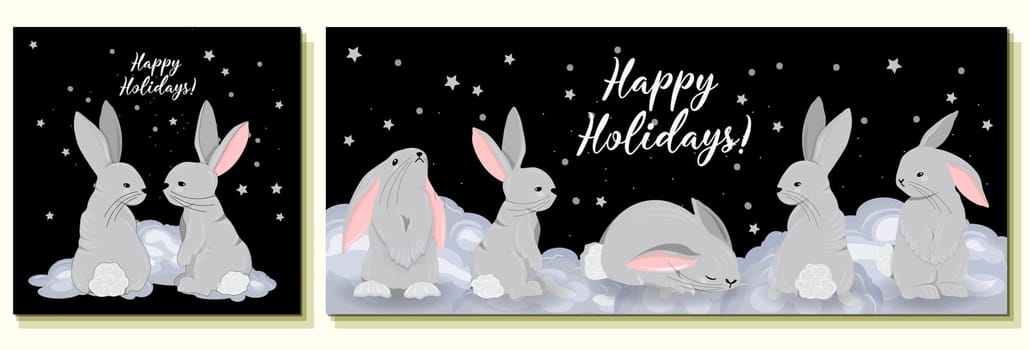 Set of greeting cards 2023. Happy holidays. Rabbit symbol of 2023
