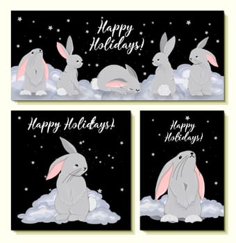 Set of greeting cards 2023. Happy holidays. Rabbit symbol of 2023