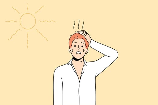 Unhealthy man standing under sun feel dehydrated and overheated in hot weather. Sick male struggle with heatstroke during summer. Health problem. Vector illustration.
