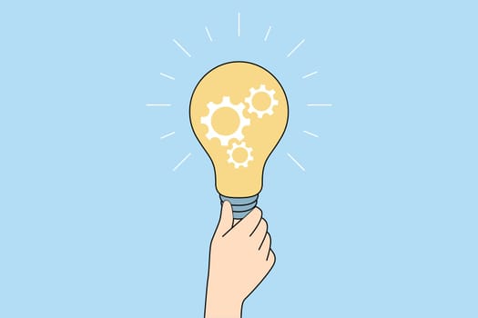 Person holding lightbulb generate creative business idea. Businessperson with light bulb brainstorm solve problem. Solution and innovation. Vector illustration.