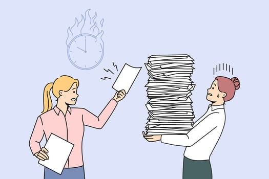 Businesswoman give more work to stressed female employee with stack of papers. Office manager overwhelmed with paperwork. Burnout and fatigue. Vector illustration.