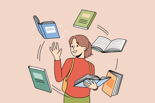 Happy girl child reading book fond of novel or fairytale. Smiling kid booklover engaged in literature. Education and knowledge. Vector illustration.