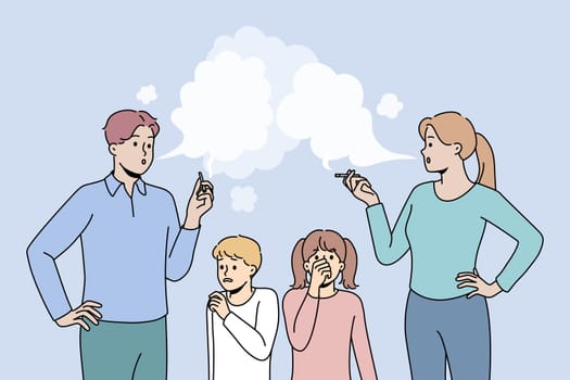 Little children suffer from smoking parents. Kids passive smokers because mother and father with bad habit. Health harm and effect. Vector illustration.