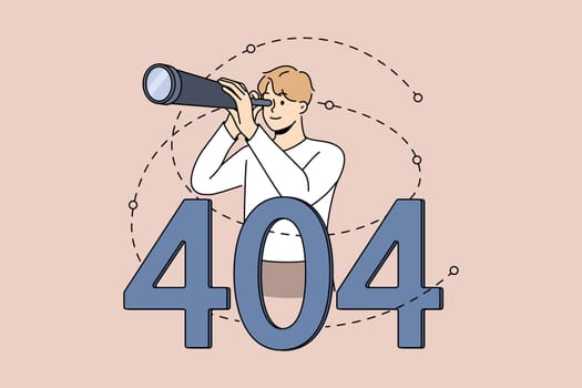 Man with binocular tube on Page Not Found Background. Male looking for information on internet see error page. Vector illustration.