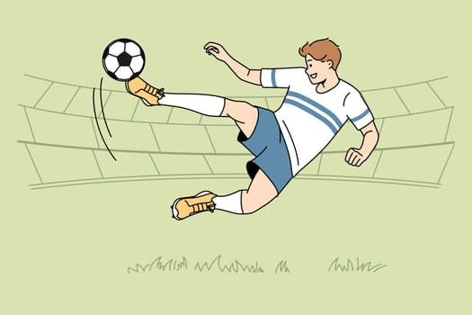 Footballer player kick ball at field. Footballer in uniform score goal in match. Sport and game concept. Vector illustration.