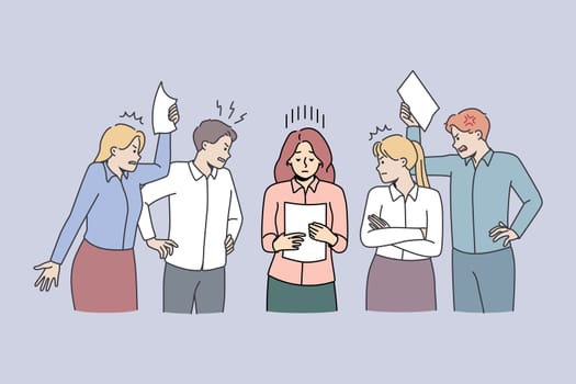 Stressed exhausted businesswoman among unhappy demanding colleagues in office. Woman employee feel overworked annoyed with coworkers. Burnout concept. Vector illustration.