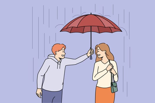 Caring young man sharing umbrella with pretty woman outdoors. Smiling male gentlemen protect female from rain outside. Vector illustration.