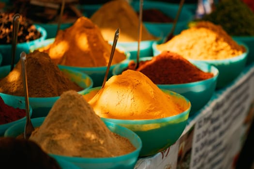 Close View Of Masala Curry, Bright Colors Fragrant Seasoning, Condiment In Tray On Local Food Market, Bazaar.