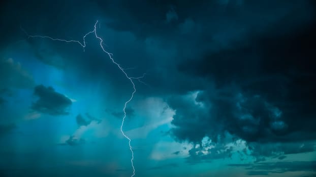 Lightning On Background Of Night Stormy Sky Before Rain. Cloudy Sky. Lightning Strike, Thunderbolt.