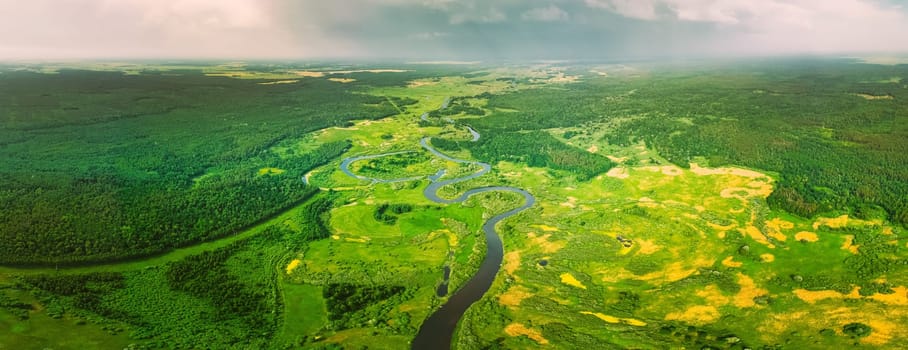 Aerial View Of Summer Curved River Landscape In Sunny Summer Day. Top View Of Beautiful European Nature From High Attitude In Summer Season. Drone View. Bird's Eye View