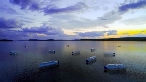 water pollution plastic bottles floating lake environment destruction save the planet 3D illustration