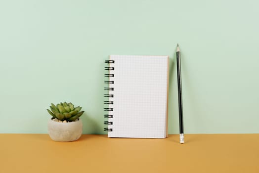 Empty notebook with a pen, eyeglasses and a cactus on an autumn colored background, brainstorming for new ideas, writing a message, taking a break, home office desk