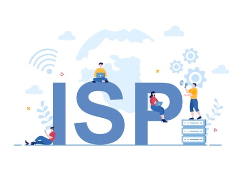 ISP or Internet Service Provider Cartoon Illustration with Keywords and Icons for Intranet Access, Secure Network Connection and Privacy Protection