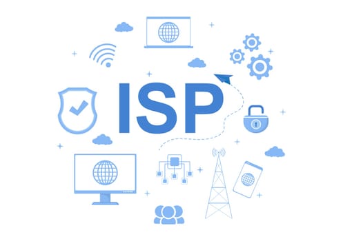ISP or Internet Service Provider Cartoon Illustration with Keywords and Icons for Intranet Access, Secure Network Connection and Privacy Protection