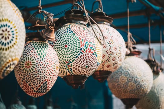 India. Market With Many Traditional Colorful Handmade Indian Lamps And Lanterns. Lanterns Hanging In Shop For Sale. Popular Souvenirs From India.