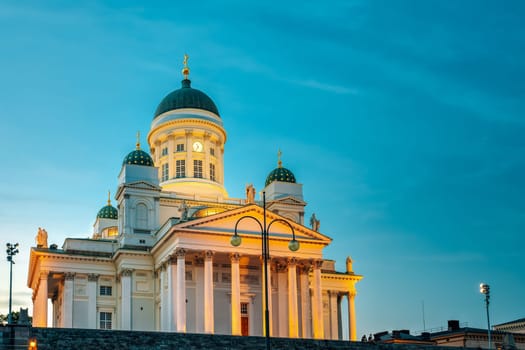 Senate Square With Lutheran Helsinki Cathedral At Summer Evening Night. Famous Landmark In Finnish Capital. Finland