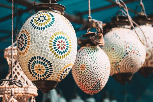 India. Market With Many Traditional Colorful Handmade Indian Lamps And Lanterns. Lanterns Hanging In Shop For Sale. Popular Souvenirs From India.