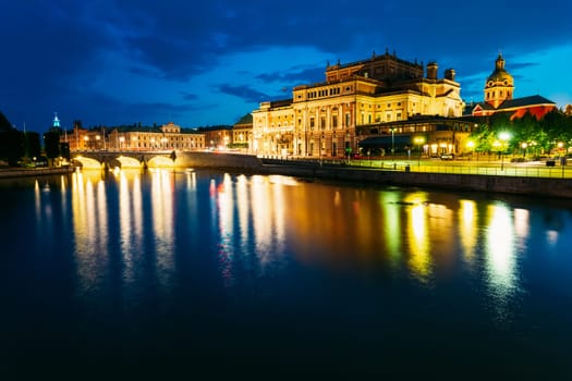 Night View Of Illuminated Stockholm Royal Opera in Evening, Sweden