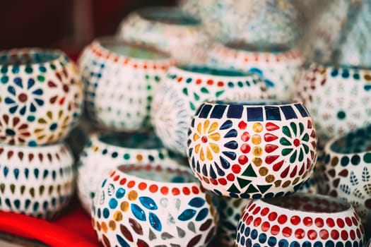India. Market With Many Traditional Colorful Handmade Indian Mosaic Ceramic Candle Holders. Popular Souvenirs From India.