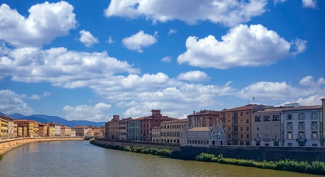Arno river and vintage architecture of Pisa, Tuscany, Italy on 20 September 2019
