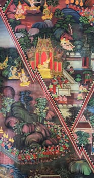BANGKOK ,THAILAND - NOVEMBER 5, 2014 : Ancient Buddhist temple mural painting of the life of Buddha inside of Wat Kalayanamitr Varamahavihara in Bangkok, Thailand