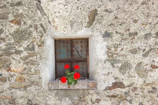 Old building with red flowers in windows - facade with old window, Austria
