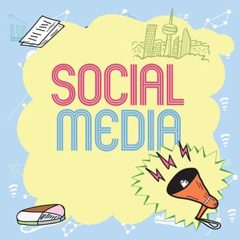 Inspiration showing sign Social Media, Business overview Online communication channel Networking Microblogging Important Messages Presented In Frame With Megaphone, Chart And Skyline.