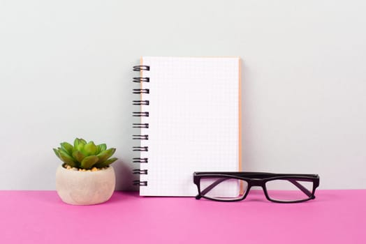 Empty notebook with a pen, eyeglasses and a cactus on a background, brainstorming for new ideas, writing a message, taking a break, home office desk