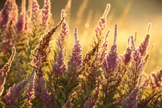 Sunrise over the meadow on a foggy weather