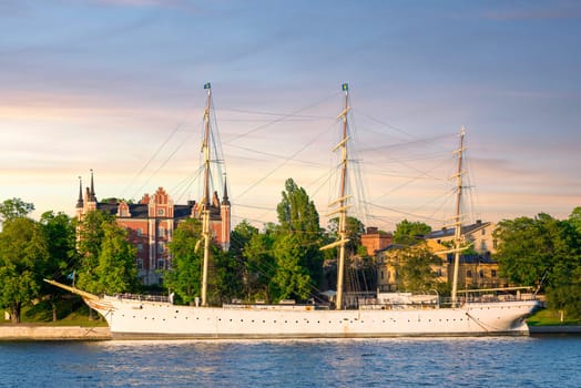 AF Chapman sailing vessel, a full rigged steeled ship constructed in1888, and moored on the western shore of the islet Skeppsholmen in central Stockholm, Sweden, now serving as a youth hostel