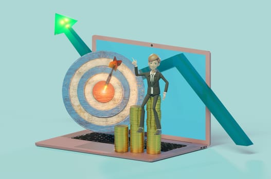 Bussiness has done great work . businessman with okay sign on laptop computer , working in office and analysing infographic and making money.