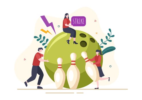 People Play Bowling Game Hand Drawn Cartoon Flat Design Illustration with Pins, Balls and Scoreboards in a Sport Club or Activity Competition