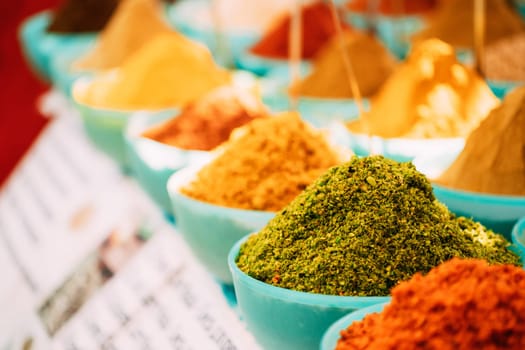 Close View Of Masala Curry, Bright Colors Fragrant Seasoning, Condiment In Tray On Local Food Market, Bazaar.
