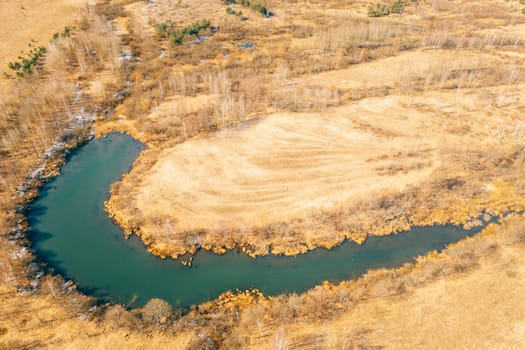 Belarus. Aerial View Of Dry Grass And Curved Bog Marsh Swamp Wetland Landscape In Early Spring Day. High Attitude View. Marsh Bog. Drone View. Bird's Eye View.