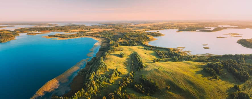 Braslaw Or Braslau, Vitebsk Voblast, Belarus. Aerial View Of Voyso Lake And Nyespish Lake In Sunny Autumn Morning. Top View Of Beautiful European Nature From High Attitude. Bird's Eye View. Panorama. Famous Lakes. Natural Landmarks.