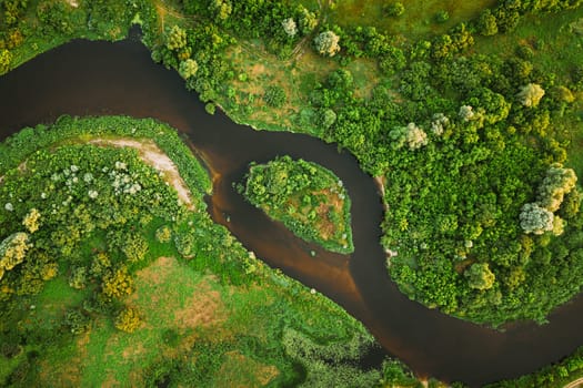 Aerial View Of Summer River Landscape In Summer Day. Top View Of Beautiful European Nature From High Attitude In Summer Season. Drone View. Bird's Eye View. Natural River Island.