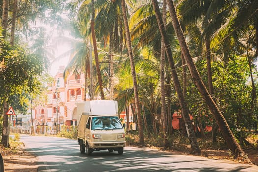 Goa, India. Truck Of Ashok Leyland Moving On Street In Sunny Summer Day.