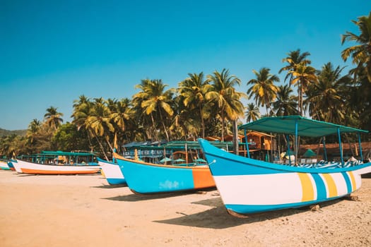 Canacona, Goa, India. Sightseeing Tourist Boats Parked On Famous Palolem Beach In Summer Sunny Day.
